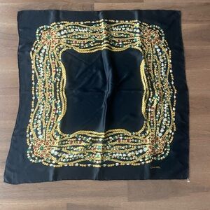 CHANEL Black and Gold Silk Scarf with Colorful Accents